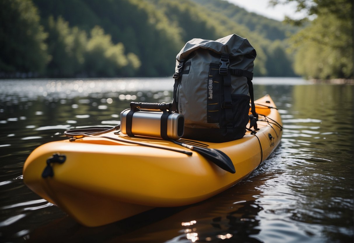 A backpack and dry bag are being fastened onto a kayak, with various accessories like a waterproof phone case and a water bottle holder nearby