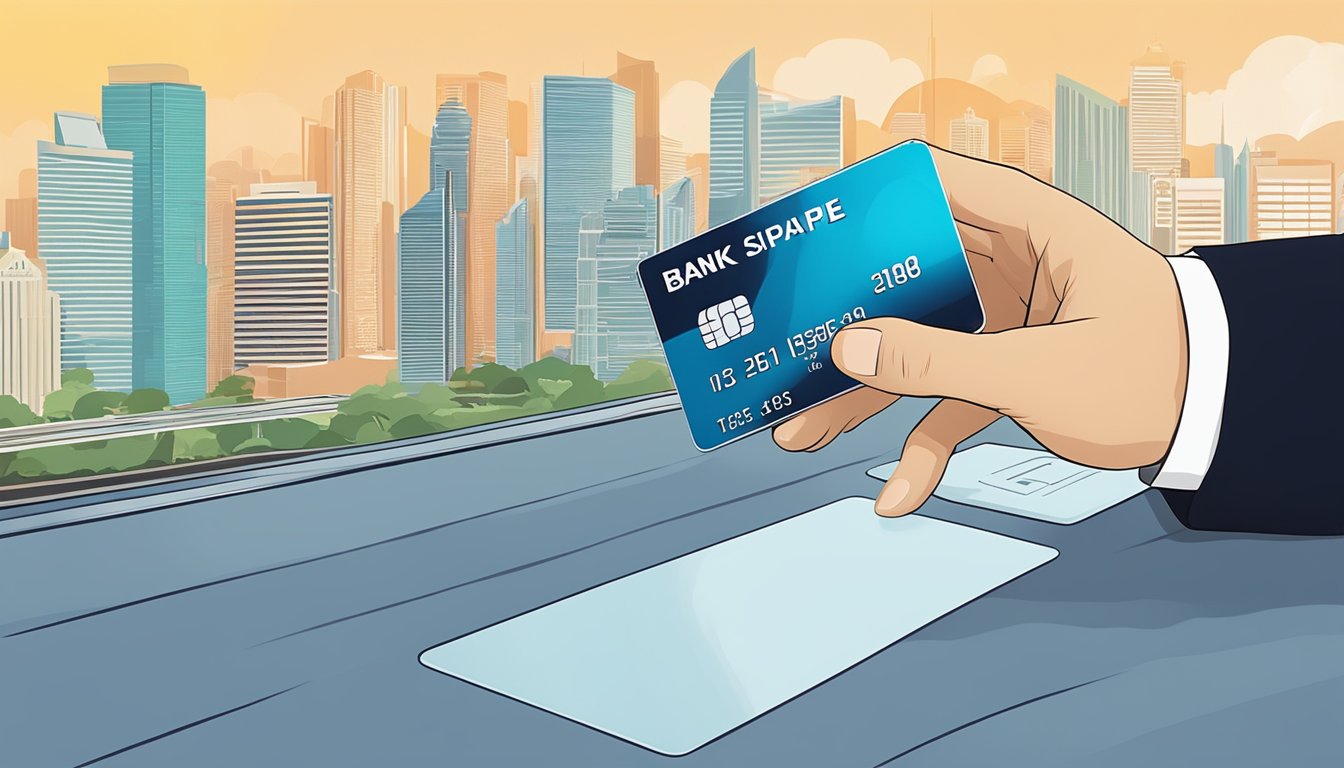 A hand reaching for a sleek, modern bank card on a desk with a Singapore skyline backdrop