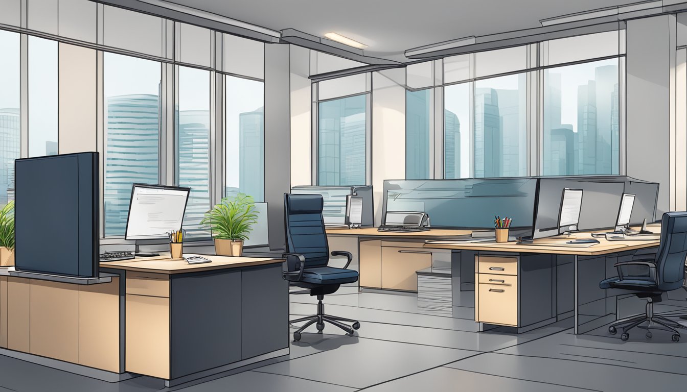 A sleek modern office desk with a laptop, pen, and paper. A sign on the wall reads "Frequently Asked Questions best corporate bank account Singapore."