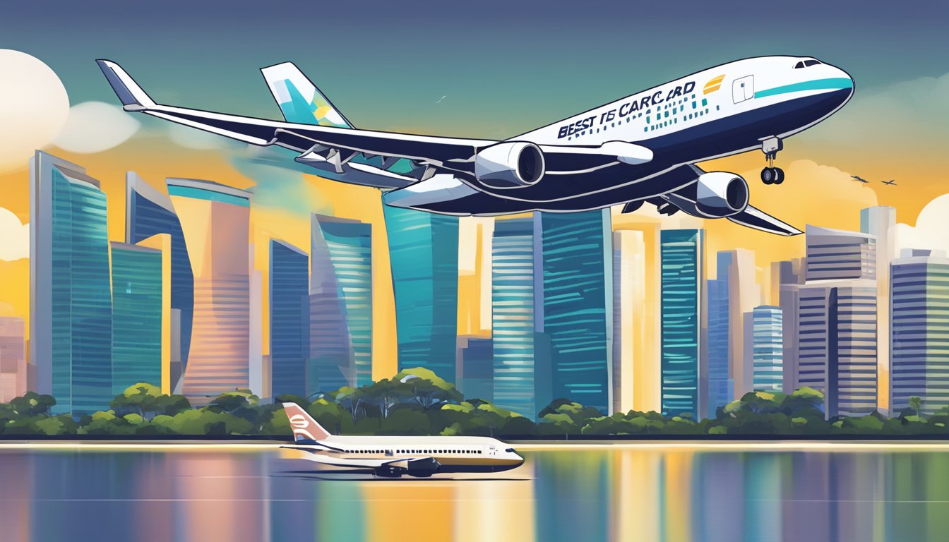 A plane flying over the iconic Singapore skyline with the words "best credit card for airline miles" displayed prominently in the foreground