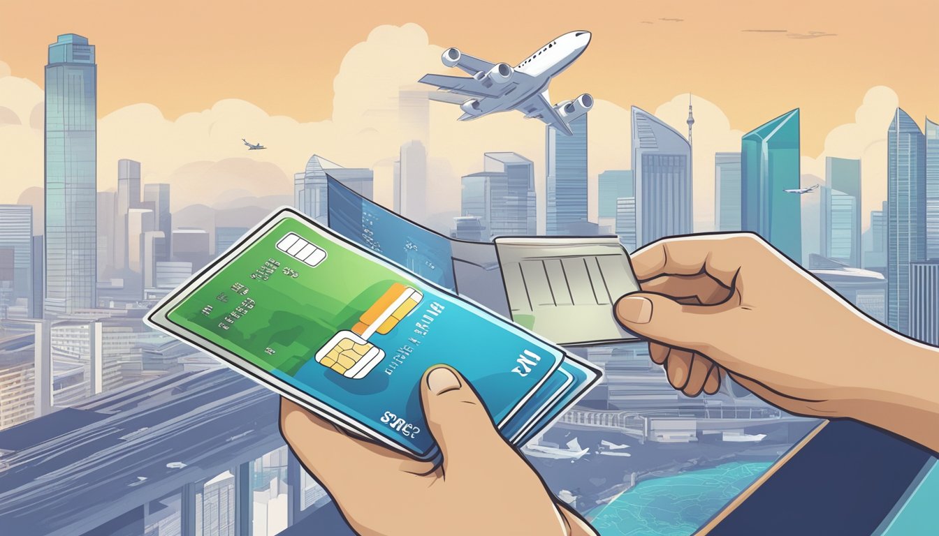 A person swiping a credit card at a store while a plane flies overhead, with a map of Singapore in the background