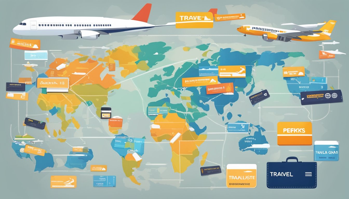 A credit card surrounded by airplane tickets, suitcases, and a world map, with the words "Leveraging Travel Benefits and Perks" prominently displayed
