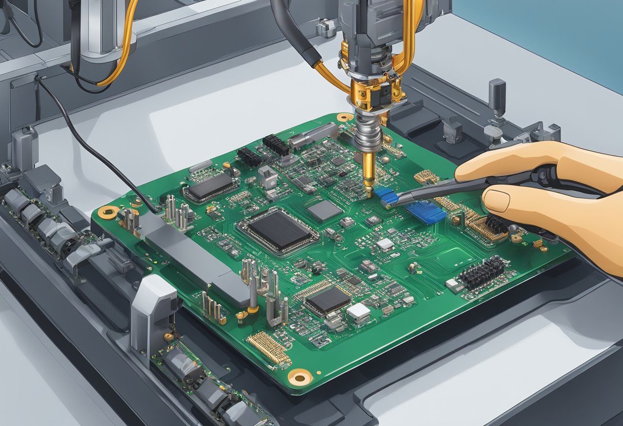 A PCB assembly sub with components being soldered onto a circuit board by robotic arms in a manufacturing facility