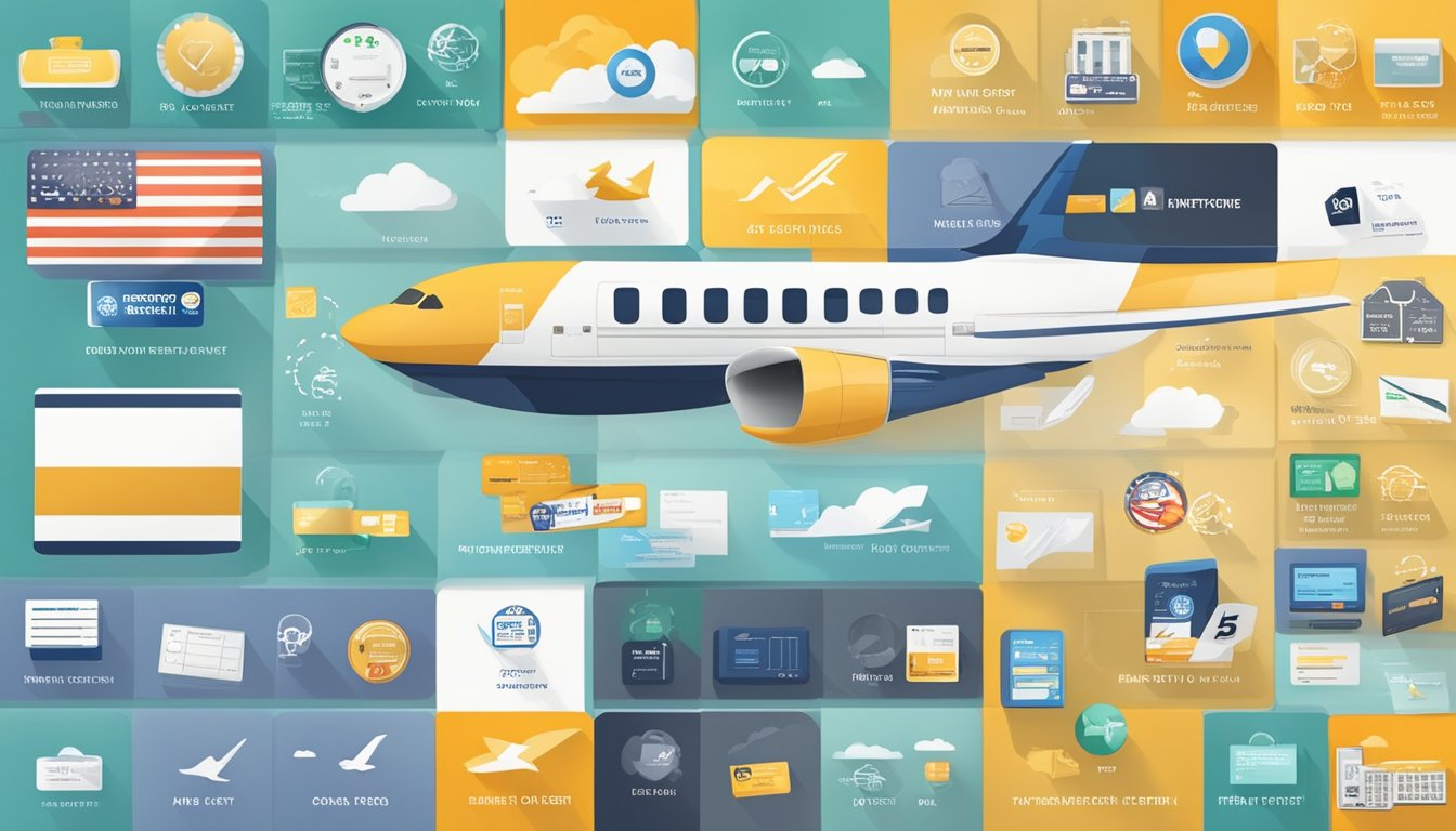 A credit card surrounded by airline symbols and a rewards chart, with a clear breakdown of fees and benefits