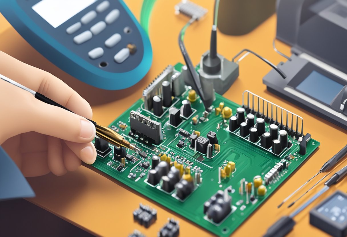 Components arranged on a PCB, soldering iron in hand, with a circuit diagram in the background
