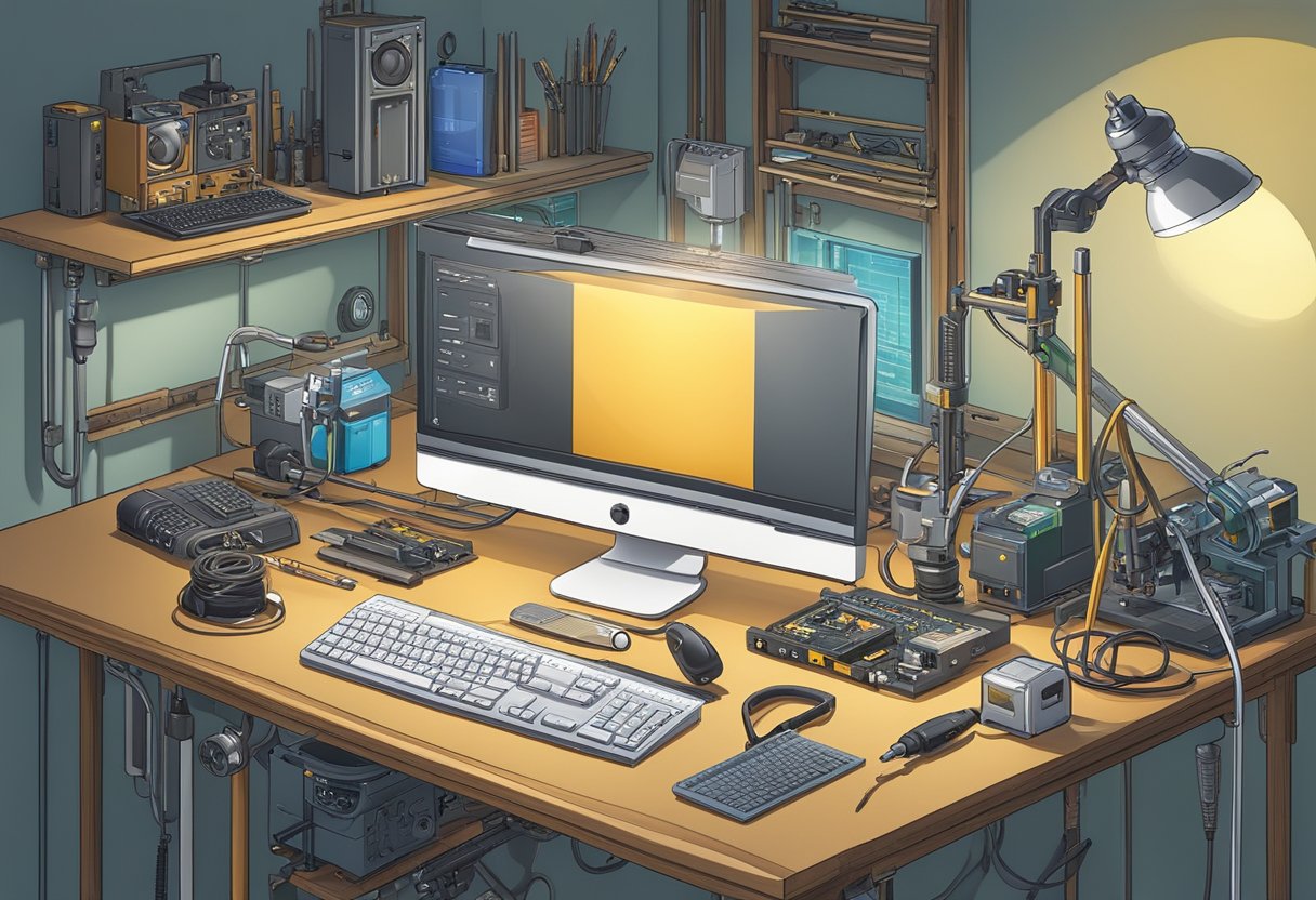 A well-lit workbench with soldering iron, PCB board, components, magnifying glass, and a computer for reference