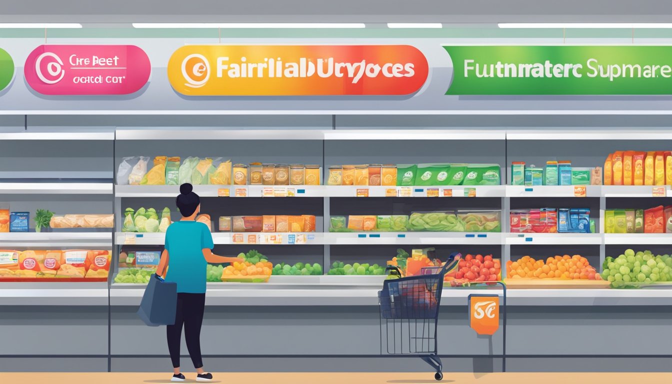 A vibrant FairPrice supermarket with a customer using the best credit card at checkout