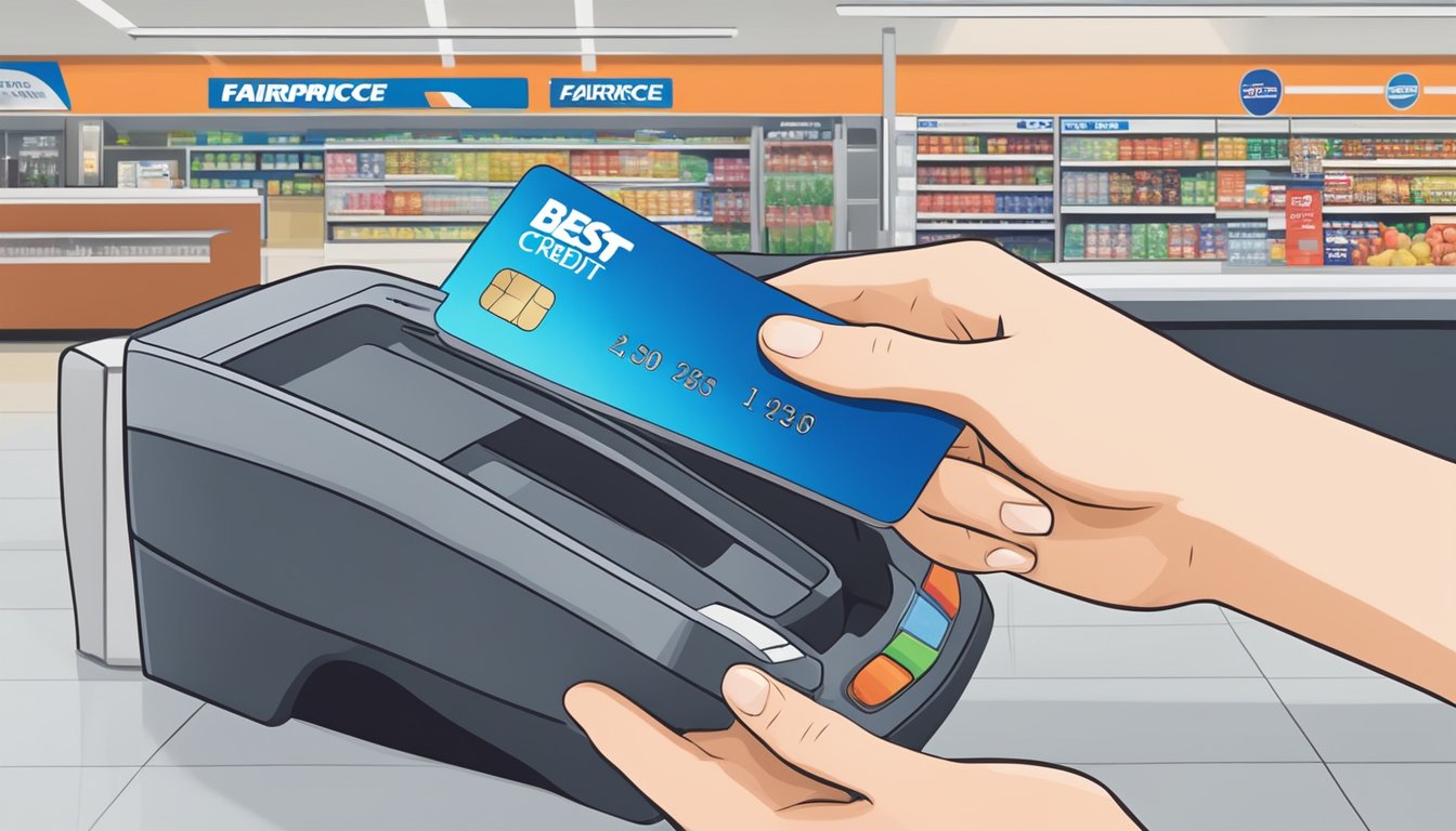 A credit card being swiped at a FairPrice checkout counter with the store logo and the words "best credit card for FairPrice Singapore" displayed prominently