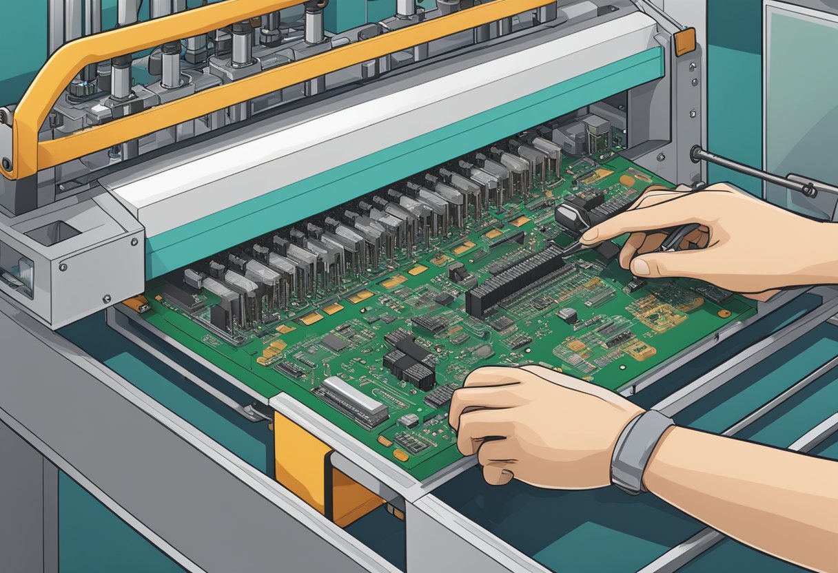 A technician places components onto a printed circuit board, while a machine solders them in place. Multiple boards are being assembled simultaneously on a production line