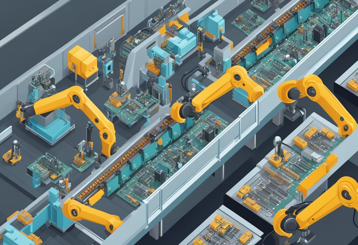 Robotic arms assemble circuit boards on conveyor belts in a high-tech factory. Components are picked, placed, and soldered with precision