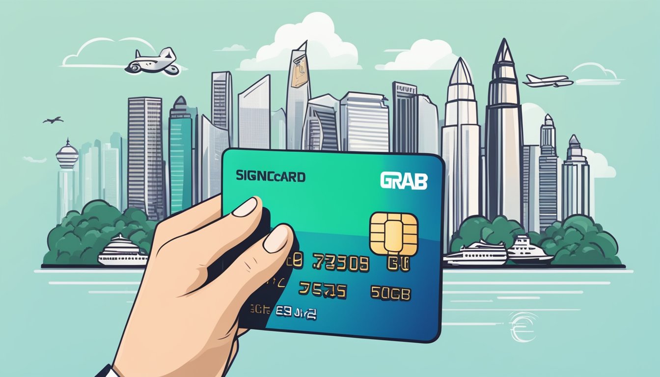 A hand holding a credit card with the Grab logo, surrounded by Singaporean landmarks and symbols