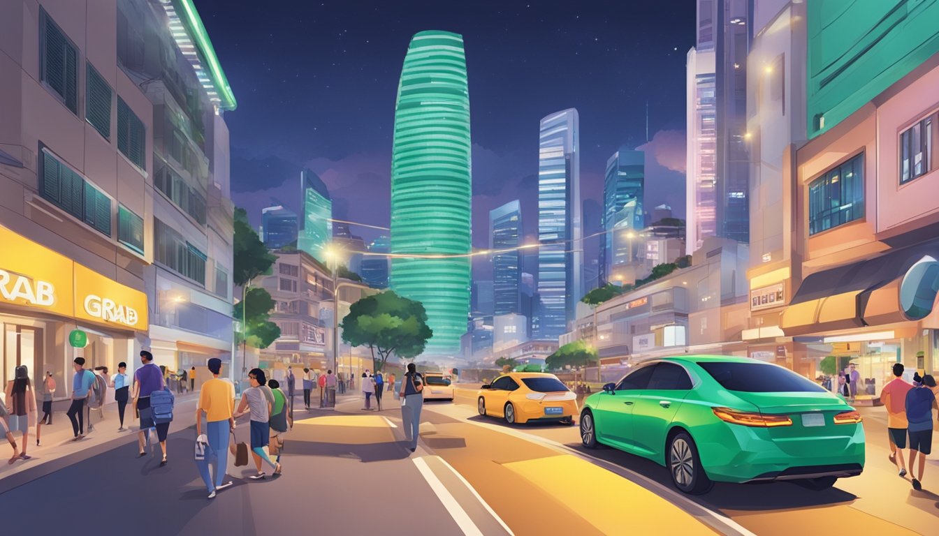 A bustling Singapore street with Grab cars and people using Grab credit cards for seamless transactions. Bright city lights and iconic landmarks in the background