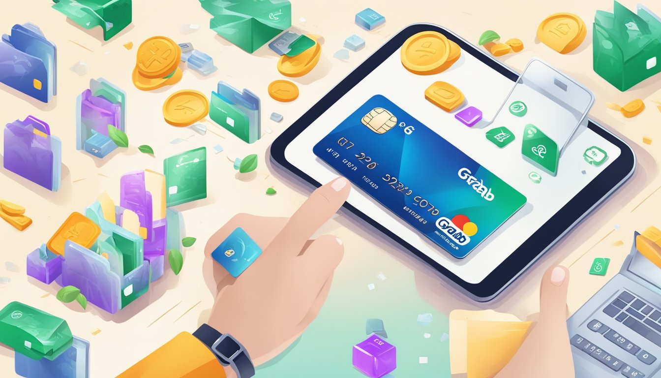 A hand swiping a credit card with the Grab logo, surrounded by icons representing various rewards such as cashback, travel points, and discounts