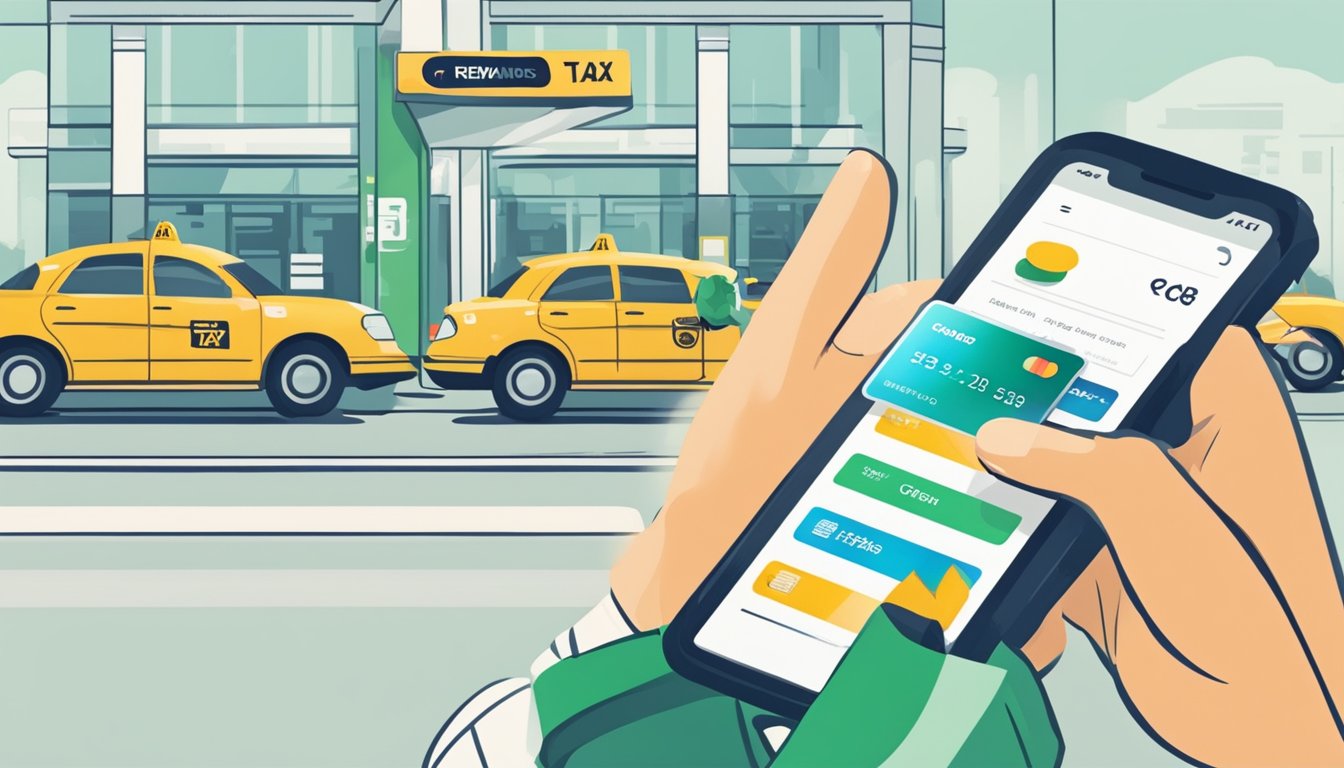 A hand swipes a Grab credit card at a taxi stand, while a smartphone displays the app's rewards program