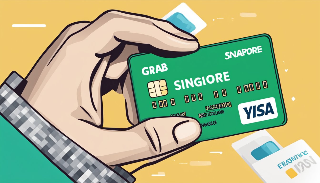 A hand holding a credit card with the "Grab Singapore" logo, surrounded by question marks and the words "Frequently Asked Questions" in bold text