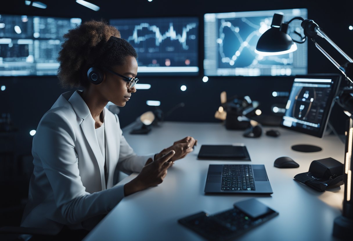 A small business owner sits at a desk, surrounded by futuristic technology and AI devices. They are brainstorming and jotting down ideas for AI projects in 2024
