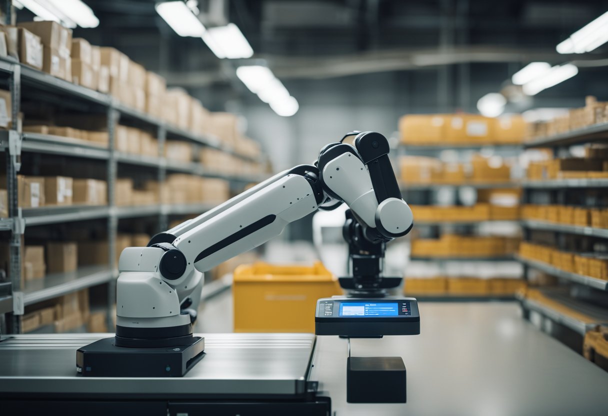 Robotic arms scan and organize shelves of products. AI algorithms track inventory levels and generate restocking orders. A small business owner oversees the seamless operation