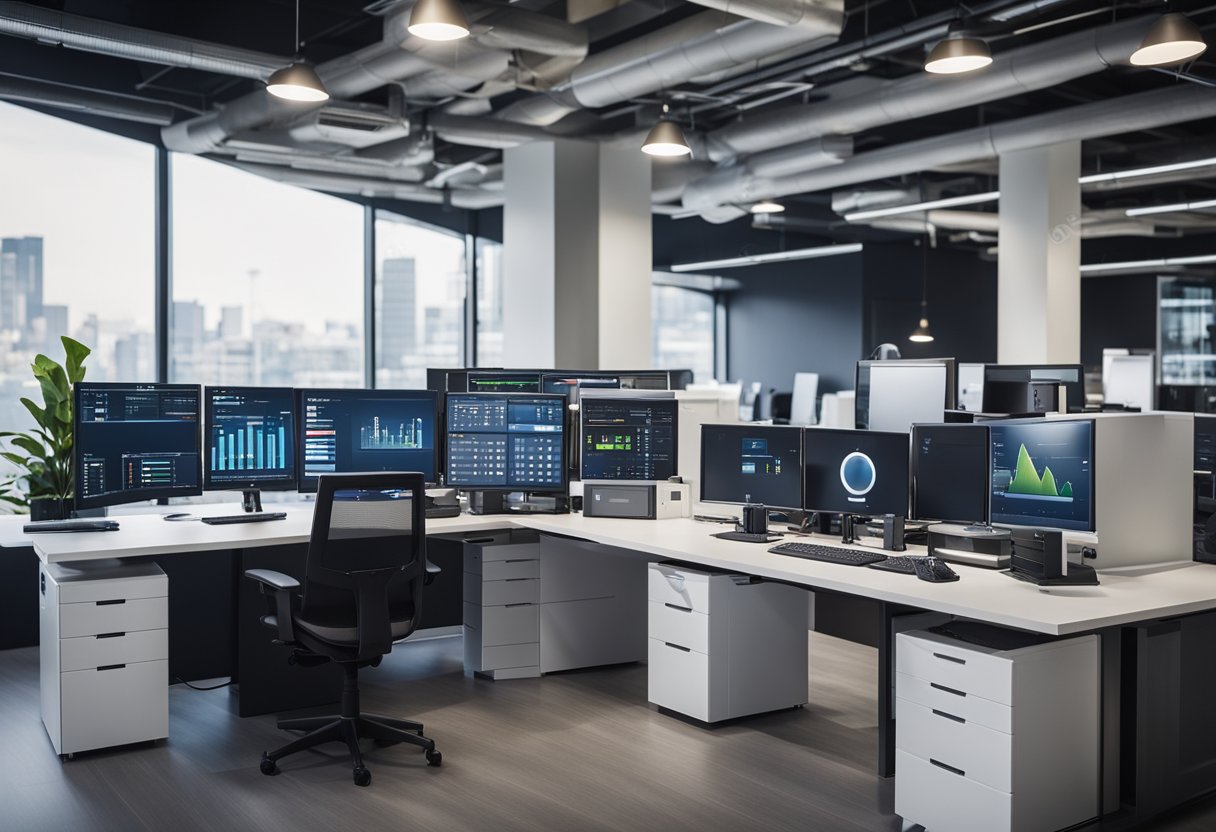 A small business office with AI devices managing energy usage. Various smart appliances and sensors are connected to a central control unit, optimizing energy efficiency