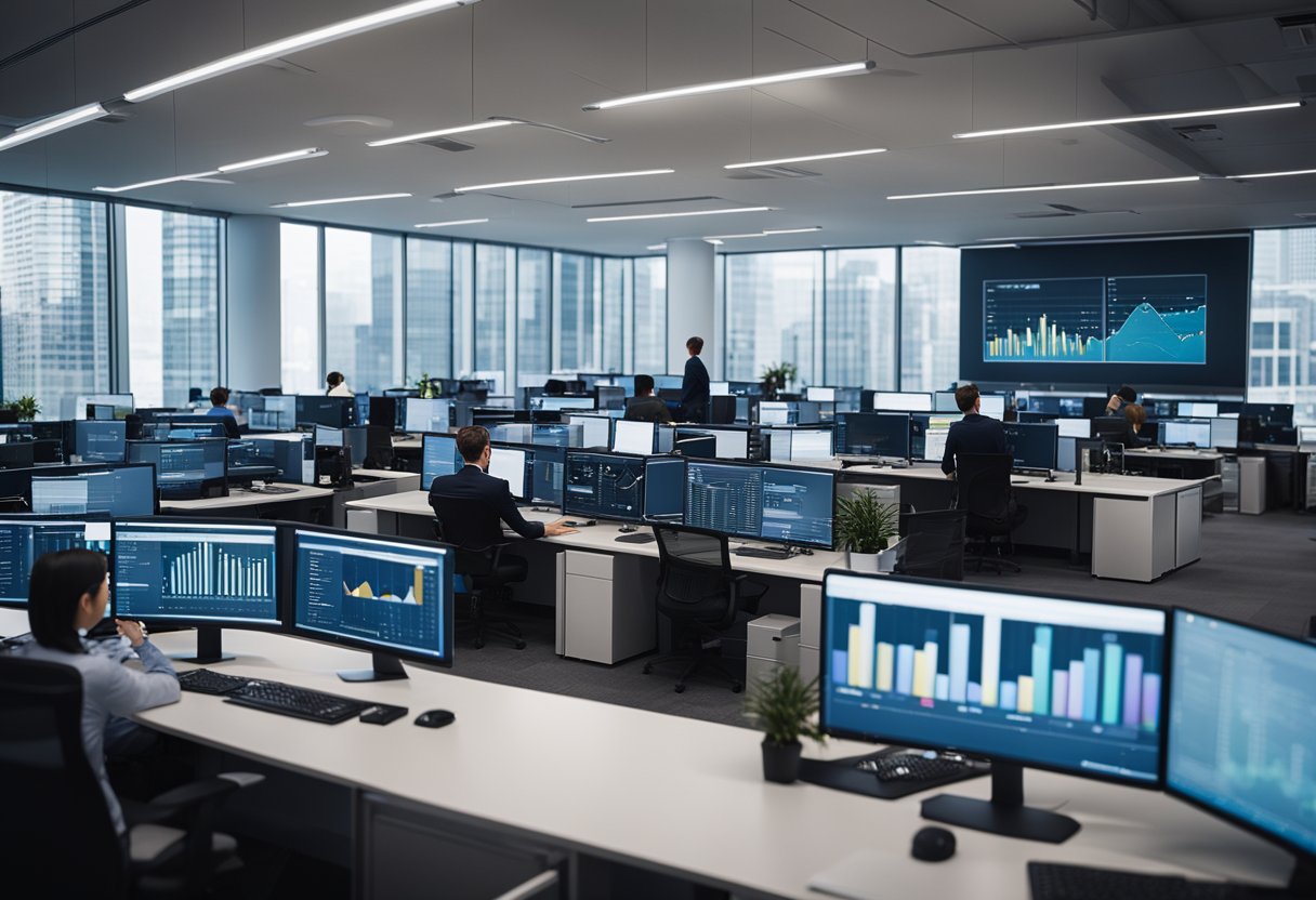 A bustling office with employees analyzing data and creating AI projects for small businesses in 2024. Charts, graphs, and computer screens fill the room, showing the power of business intelligence and analytics