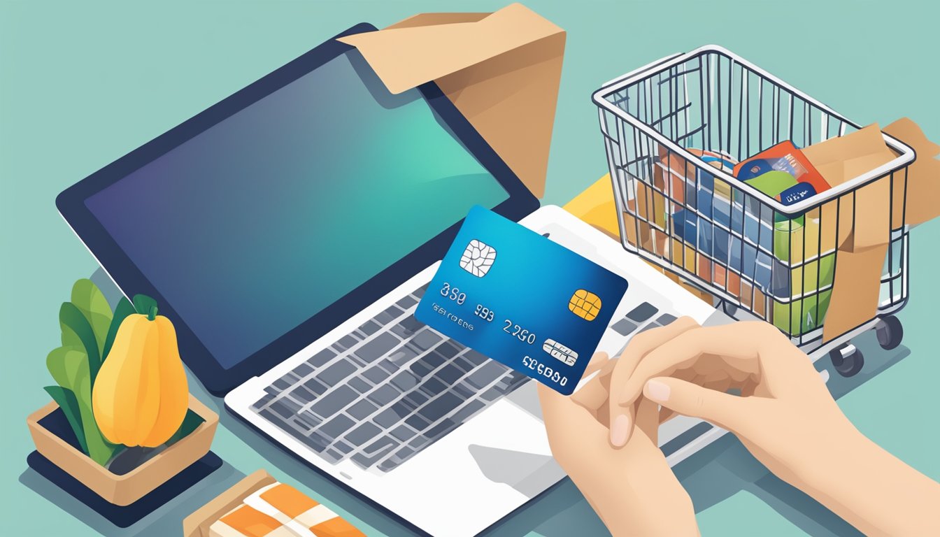 A hand holding a credit card with a grocery bag and a laptop in the background, symbolizing the best credit card for groceries and online shopping in Singapore