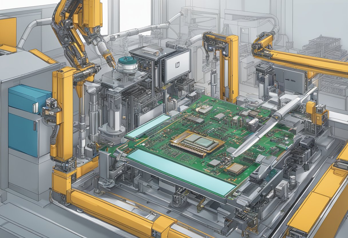 Components being placed on PCB, soldered by robotic arms, inspected by automated systems, then cooled by a fan