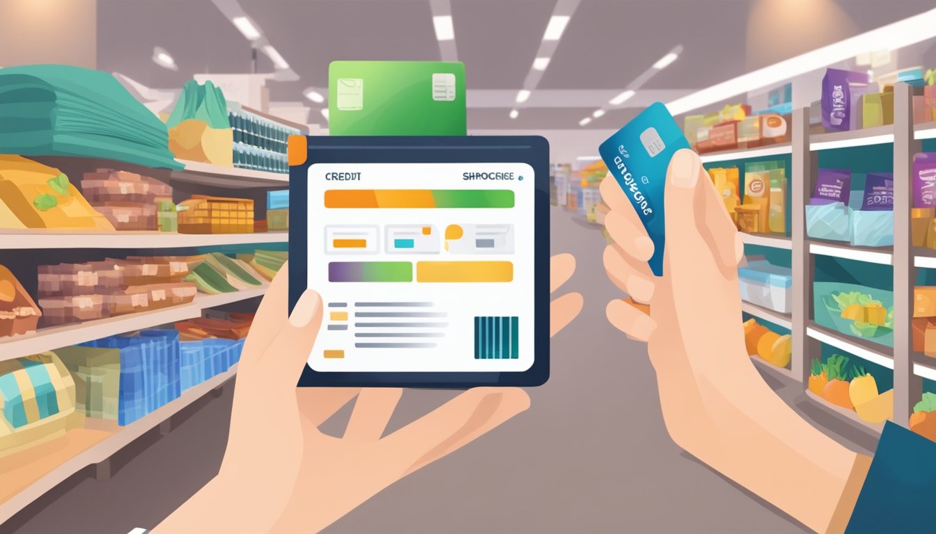 A hand holding a credit card with groceries and online shopping items in the background. The card displays "Maximising Rewards and Cashback best credit card for groceries and online shopping singapore."