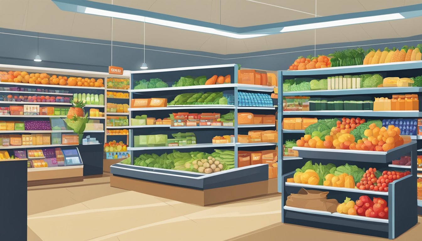 The scene features a grocery store with a variety of fresh produce and shelves stocked with goods. Online shopping is depicted with a computer or smartphone displaying various items and a checkout process