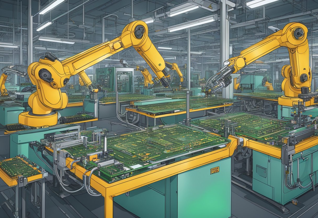 A factory floor filled with robotic arms assembling printed circuit boards with precision and efficiency