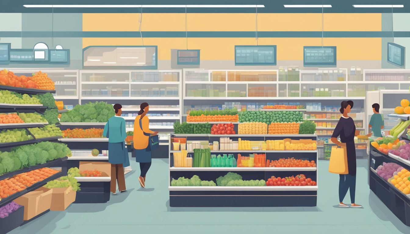 A bustling grocery store with shelves stocked with fresh produce, packaged goods, and household items. Customers with shopping carts browse the aisles, while a cashier scans items at the checkout counter