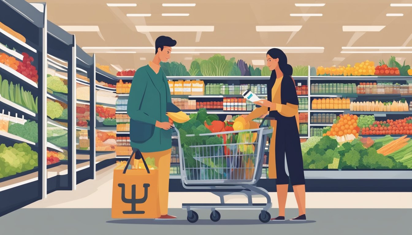 A person standing in a bustling grocery store, comparing different credit cards while holding a shopping basket filled with fresh produce and groceries