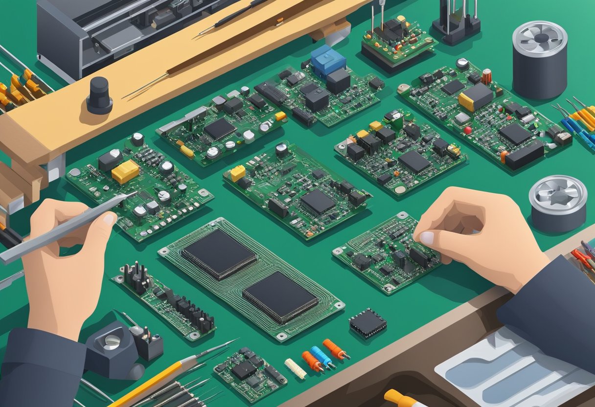 A circuit board being assembled with electronic components and soldering equipment on a workbench