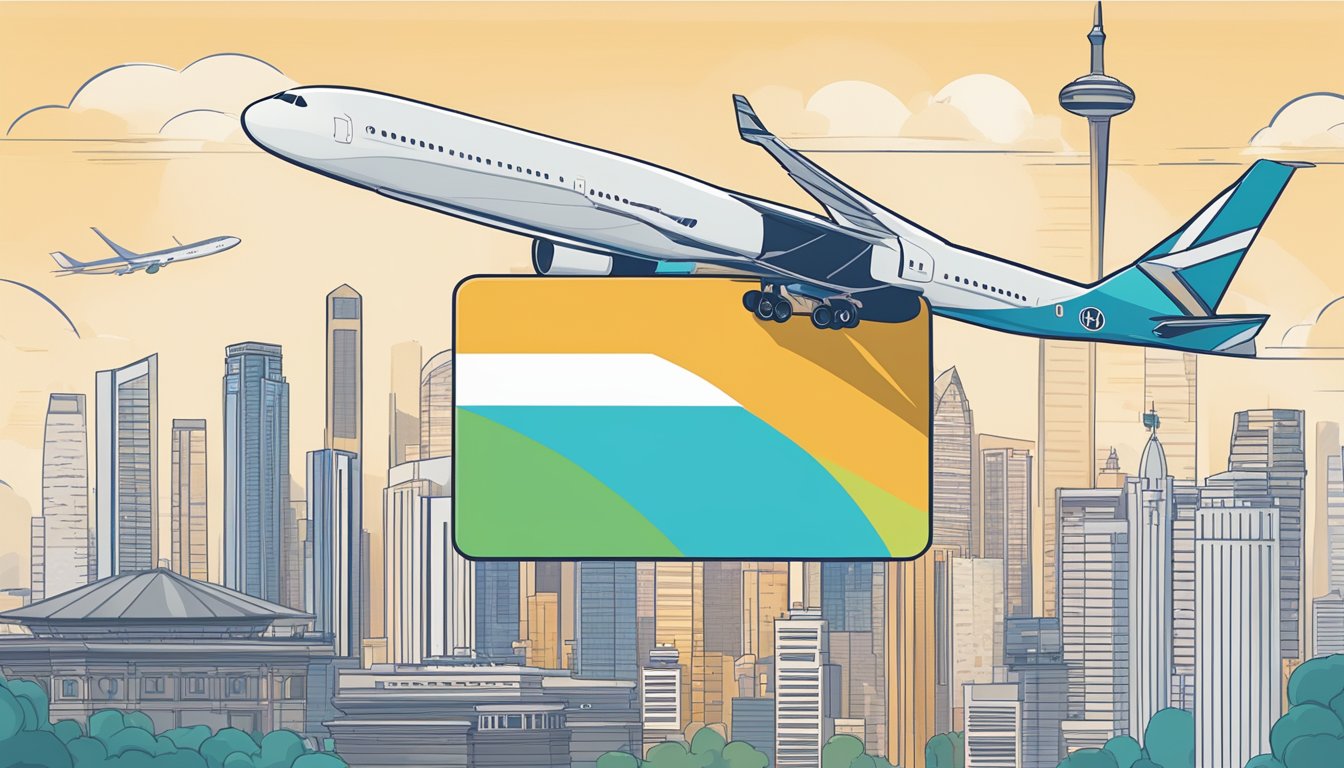 A sleek credit card with a prominent KrisFlyer logo, against a backdrop of iconic Singapore landmarks and a plane soaring through the sky