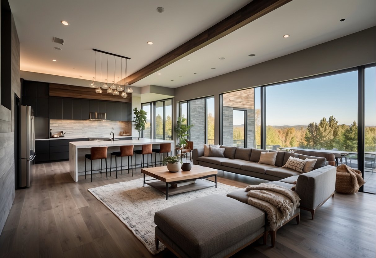 A modern 4-bedroom house with clean lines, large windows, and a spacious open floor plan. The exterior features a mix of materials such as wood, stone, and metal, while the interior showcases sleek finishes and contemporary furniture