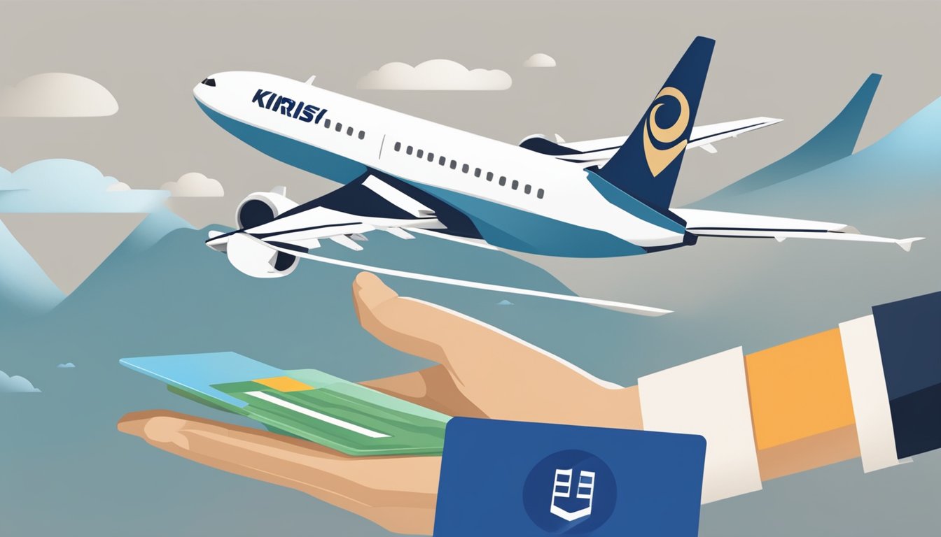 A person swiping a credit card with the KrisFlyer logo, while a plane flies above with a trail of KrisFlyer miles behind it