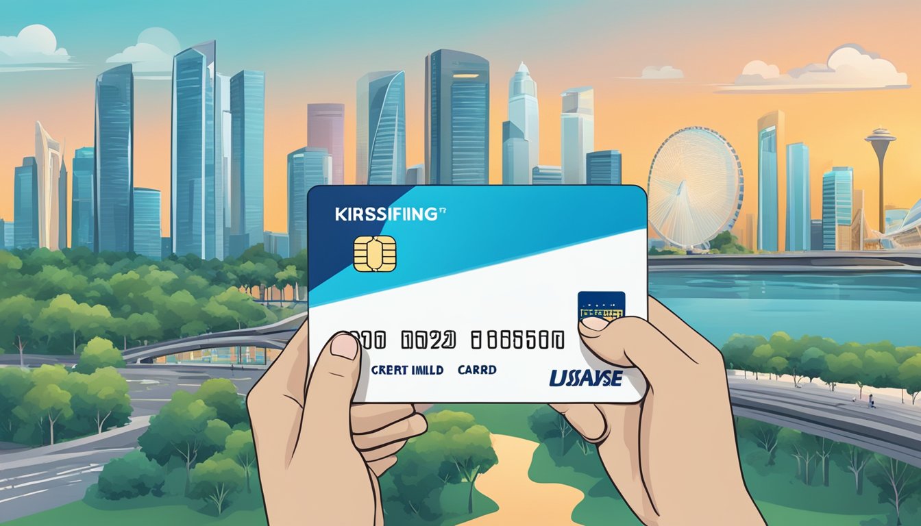 A hand holding a KrisFlyer Miles credit card with Singapore skyline in the background. Text reads "Choosing the Right KrisFlyer Miles Credit Card."