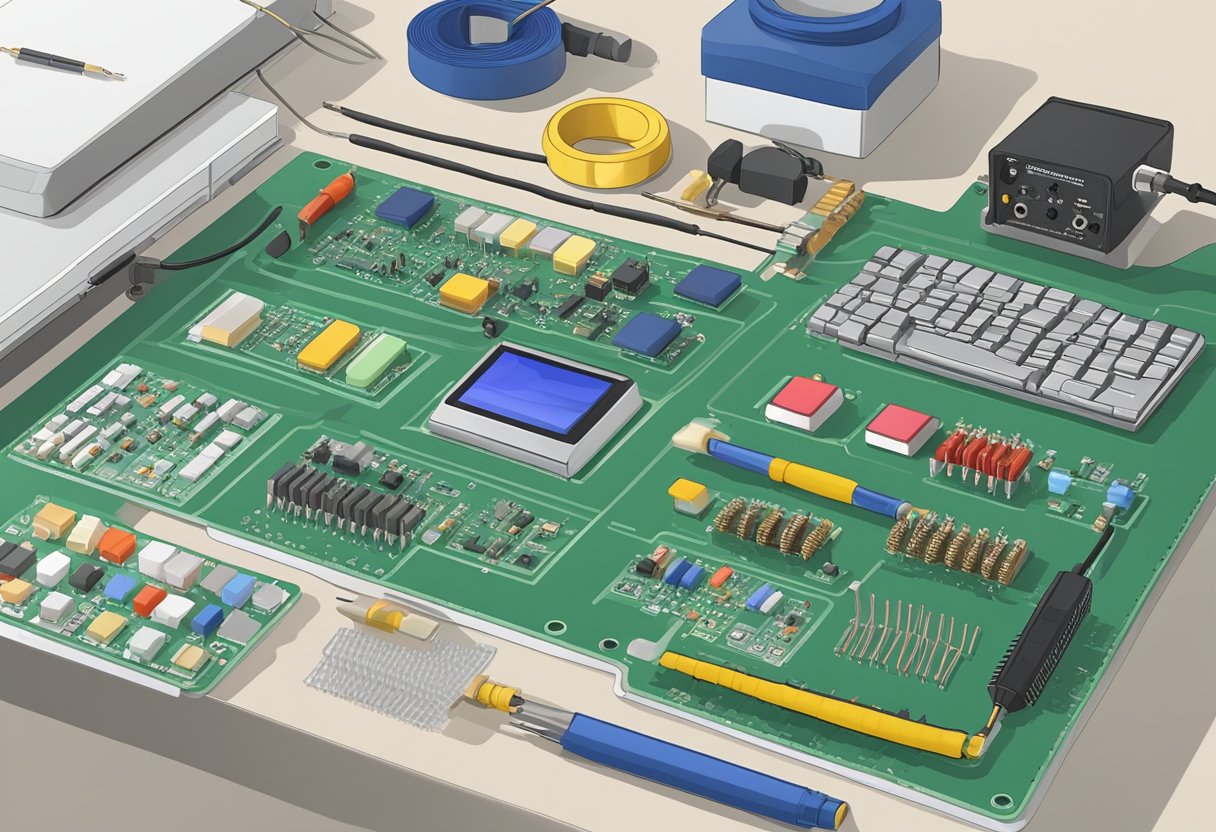 Components arranged on a PCB, soldering iron and solder wire nearby, guidelines document open on a table