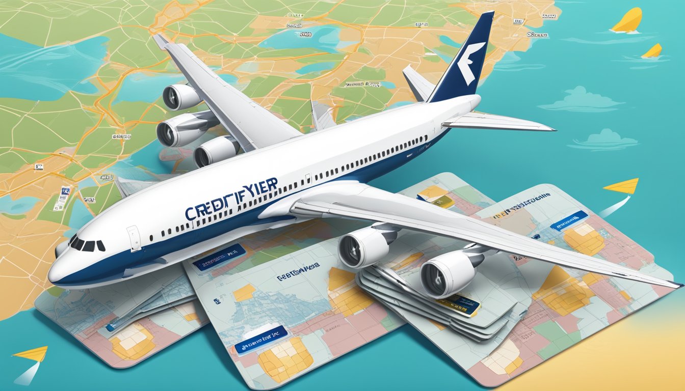 A stack of credit cards with krisflyer miles logo, a map of Singapore, and a plane flying in the background