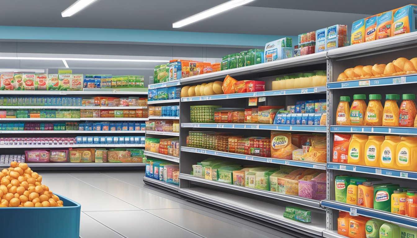 Shelves lined with NTUC FairPrice products, with a credit card displayed prominently