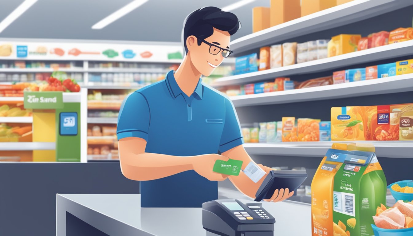 A person swiping a credit card at the NTUC FairPrice checkout counter, with various grocery items in the background, showcasing savings on their bill