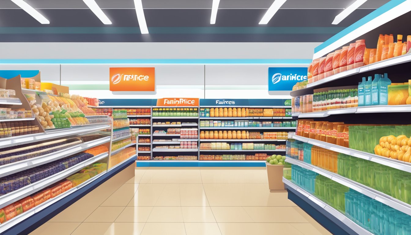 A brightly lit supermarket aisle with NTUC FairPrice signage and a credit card displayed prominently. Customers browsing shelves in the background