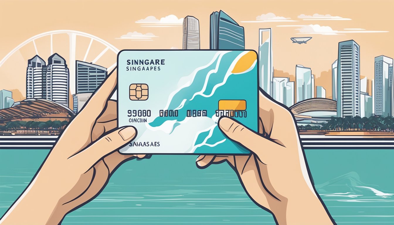 A hand holding a credit card with iconic Singapore landmarks in the background, such as the Marina Bay Sands or the Singapore Flyer