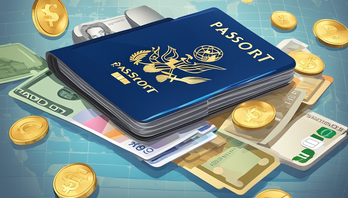 A passport, a globe, and various international currency notes scattered around a sleek and modern credit card