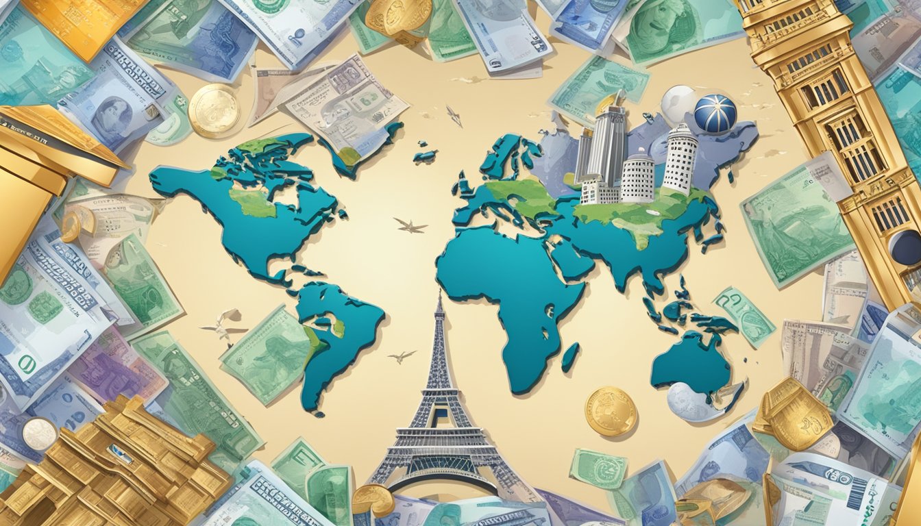 A credit card surrounded by international landmarks and symbols of travel, with a globe and currency notes in the background