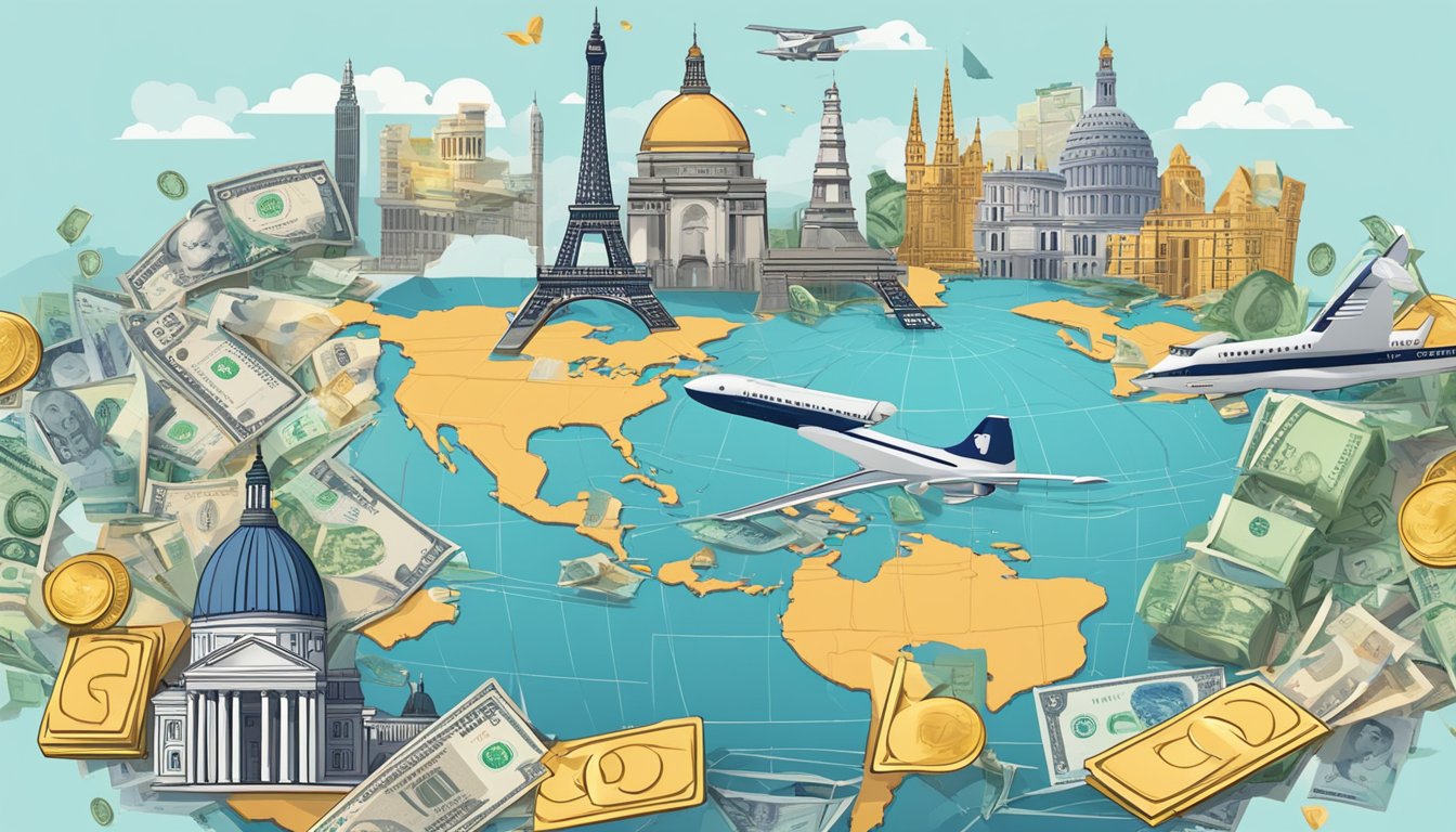A credit card surrounded by international landmarks and currency symbols, with a clear breakdown of fees and charges displayed prominently