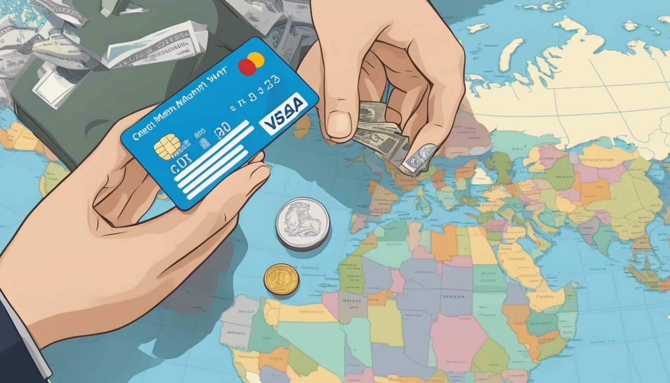A traveler swiping a credit card at a foreign merchant, with a map and currency of different countries in the background