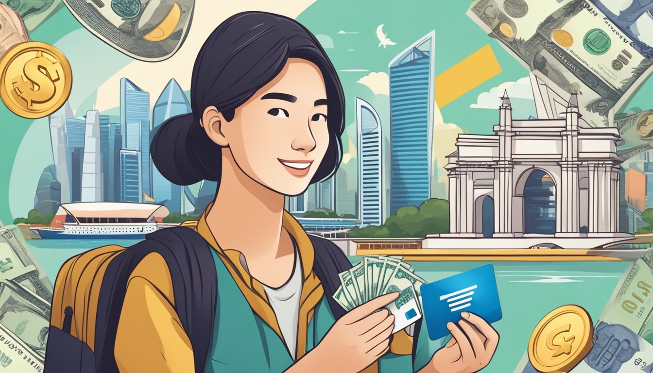 A traveler holding a credit card with iconic Singapore landmarks in the background, surrounded by currency symbols from different countries