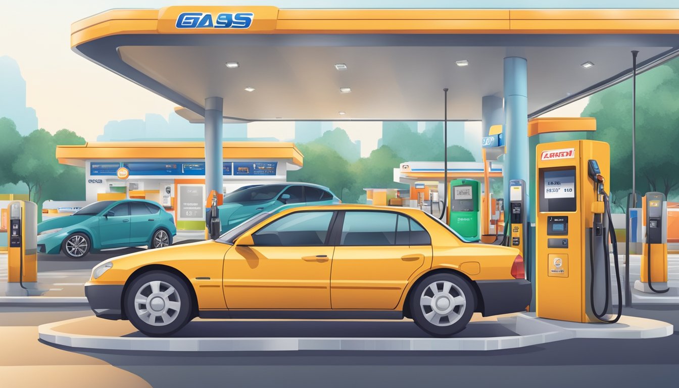 A gas station with a prominent credit card reader, a car fueling up, and a sign advertising the best credit card for petrol in Singapore