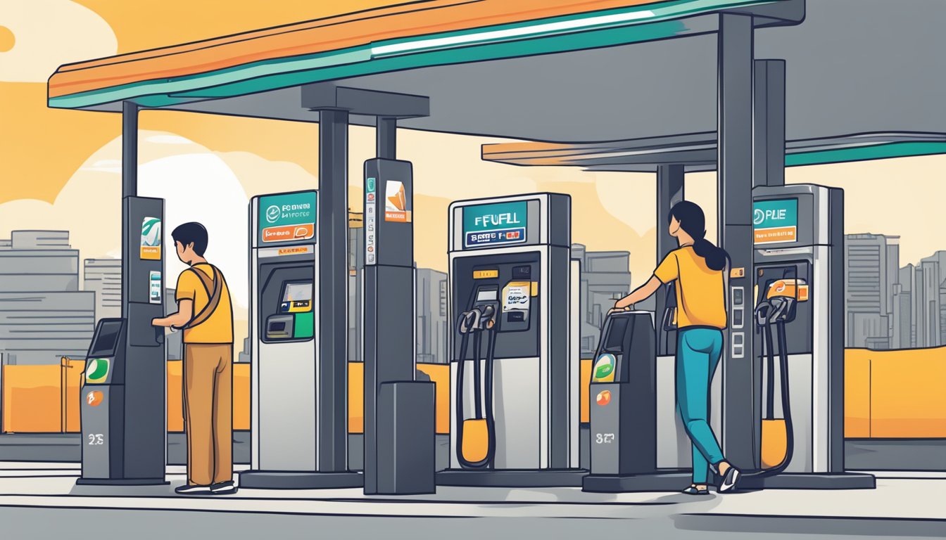 A person swiping a petrol credit card at a gas station pump in Singapore. The card features prominent branding and offers exclusive benefits for fuel purchases