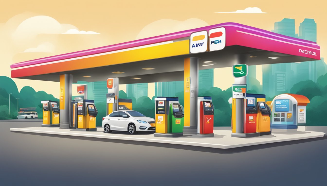 A line of top petrol stations with various credit card logos displayed, emphasizing the best credit card for petrol in Singapore
