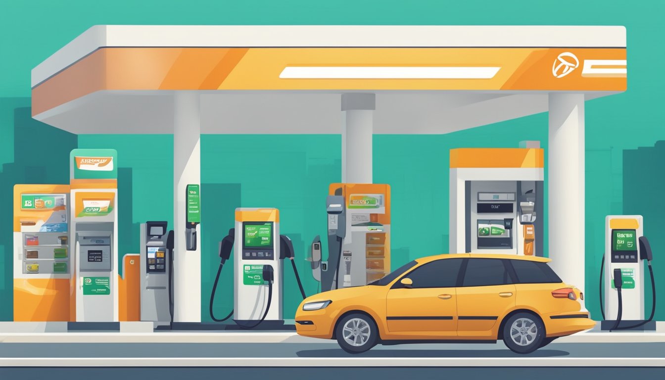 A car at a petrol station, with a credit card being used to pay for fuel. The card features prominent branding for "Maximising Fuel Savings and Card Benefits," highlighting its benefits for petrol purchases in Singapore